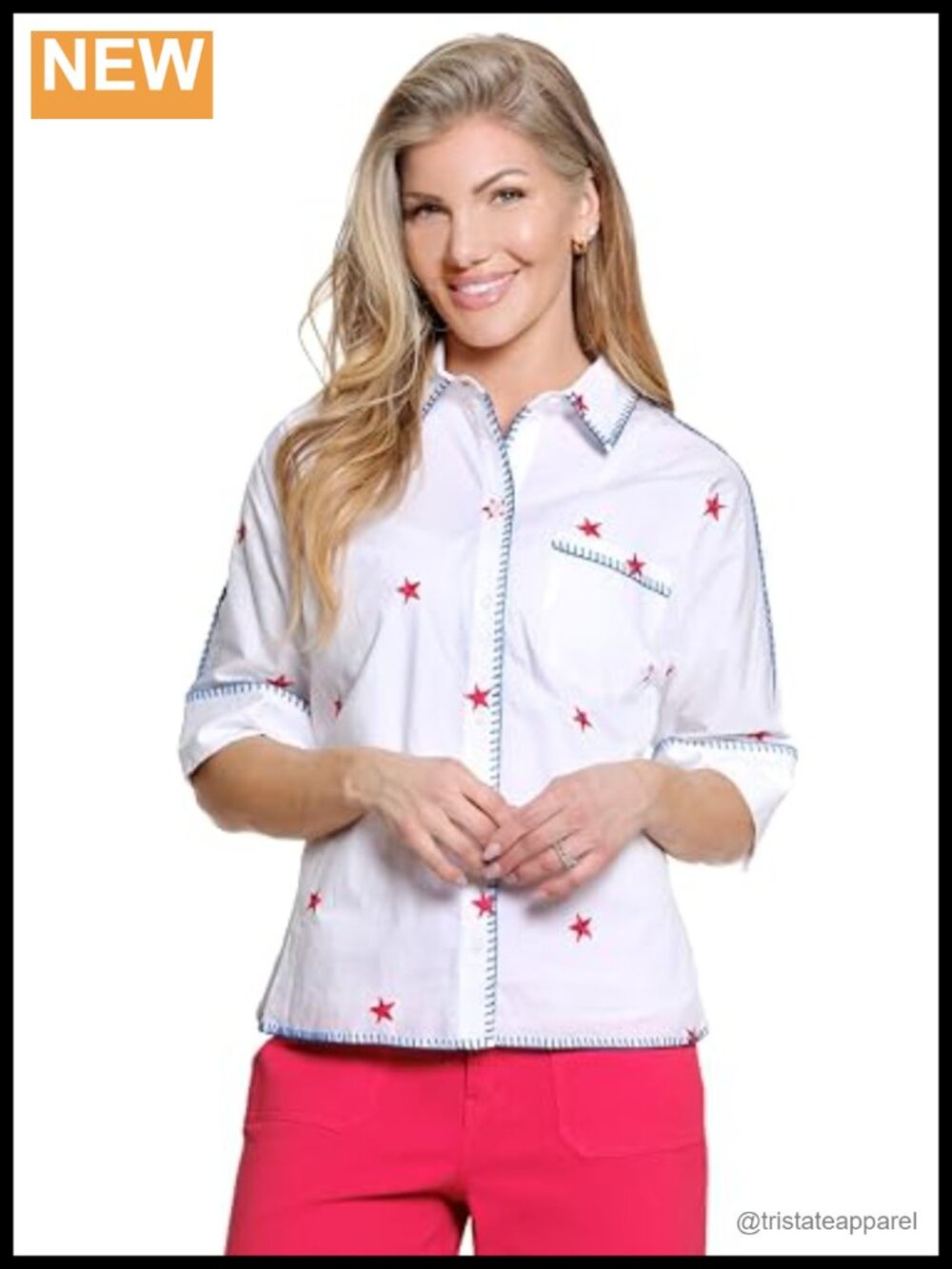 Star Embroidery Blouse Front Pocket French Cuff Dolman Sleeves